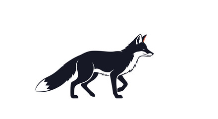 Fototapeta premium Silhouette of a dark fox with a white chest and tail tip walking gracefully on a white background for wildlife themes.