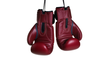 Isolated pair of red leather boxing gloves for training and professional fighting sports equipment.