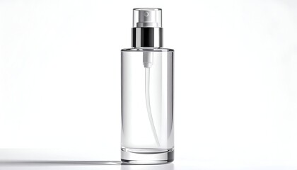 Naklejka premium A close-up studio shot shows a clear, cylindrical glass bottle with a silver top and sprayer, held against a white background