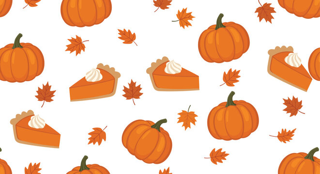 Festive autumn seamless pattern showcasing slices of pumpkin pie with whipped cream, whole pumpkins, and fall leaves.