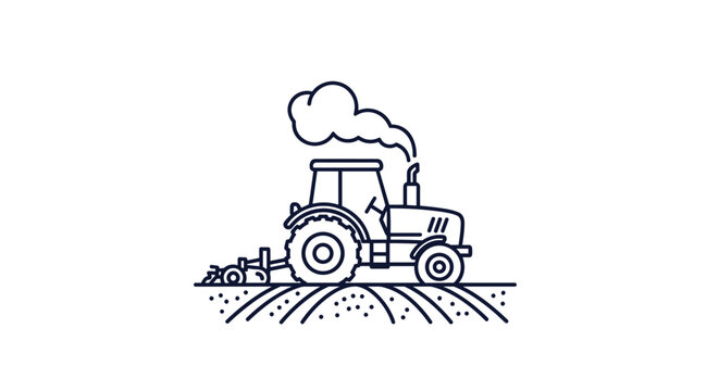 Minimalist line art illustration of a farm tractor working in a tilled field with a small puff of smoke from its exhaust.
