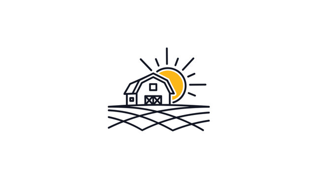 Stylized line icon of a rural farm barn situated in front of a bright rising sun and stylized fields for farm branding.