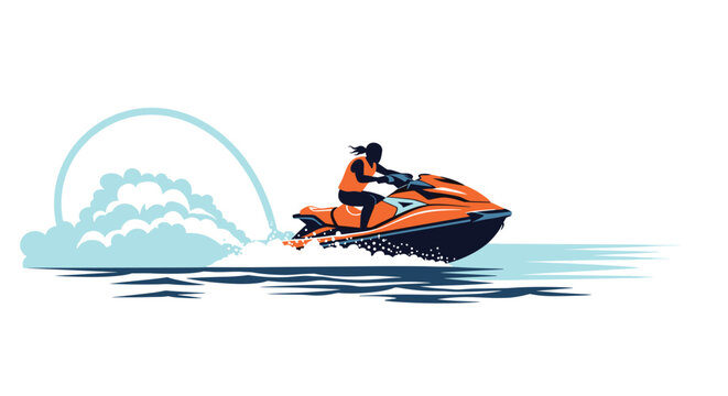 Dynamic illustration of a person wearing a life jacket riding an orange jet ski on the water with a large splashing wave.