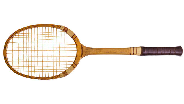 Isolated vintage wooden tennis racket classic sport equipment with brown leather grip