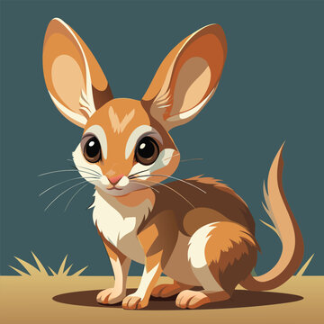 A cute cartoon desert kangaroo rat sits in a grassland setting.