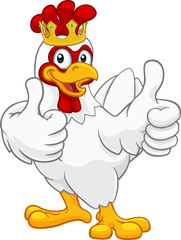A chicken rooster cockerel bird cartoon character in a kings gold crown giving a double thumbs up © Christos Georghiou
