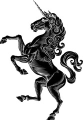 Naklejka premium A heraldry coat of arms crest style rearing heraldic Unicorn standing on hind legs in a vintage style