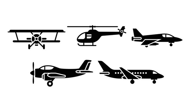 Collection of diverse aircraft silhouettes including biplane, helicopter, jet, and propeller planes