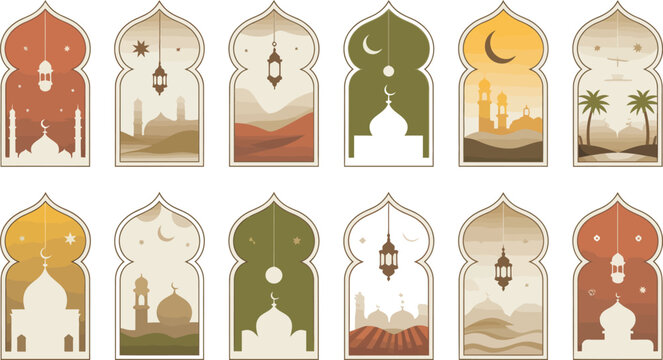 Islamic Arches with Desert Silhouettes and Celestial Motifs