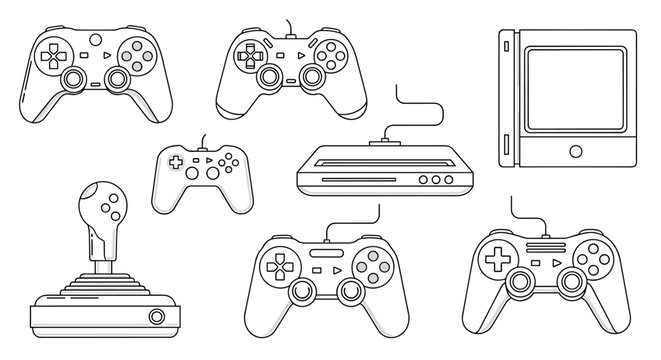 Collection of retro and modern video game controllers and consoles in outline style