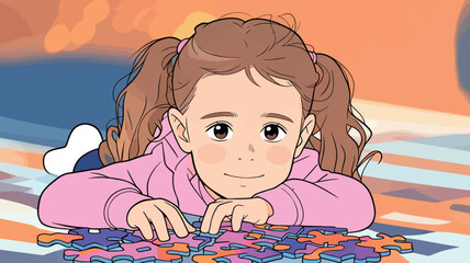 Naklejka premium Young girl puts together a jigsaw puzzle on the floor in a bright indoor space during the daytime