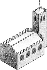 Obraz premium A medieval building map icon isometric illustration in a vintage retro engraved woodcut dots etching style