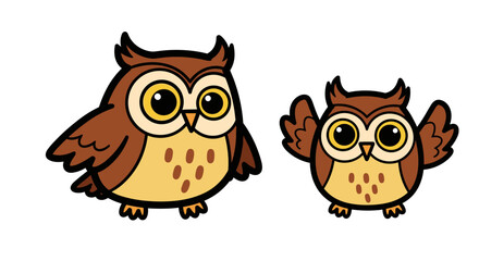 Fototapeta premium Two cute cartoon owls with big eyes and brown feathers standing side by side