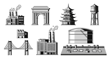 Obraz premium Collection of diverse architectural landmarks and industrial buildings in a graphic style