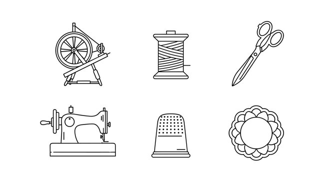 Collection of vintage and modern sewing tools and equipment in outline style