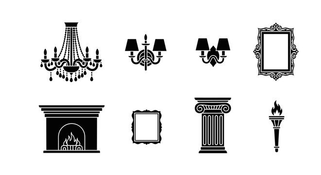 Collection of classic interior design elements and decorative objects in silhouette