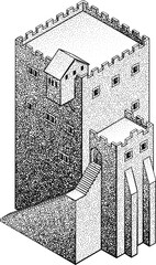 Fototapeta premium A medieval building map icon isometric illustration in a vintage retro engraved woodcut dots etching style