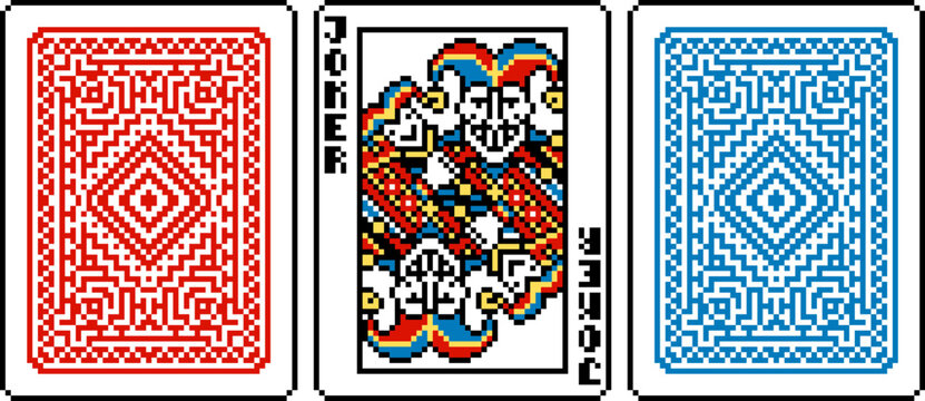 A pixel art style joker playing card and cards reverse back design. An original design. Each card 55 squares wide by 74 tall.