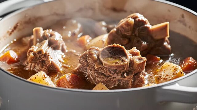 Steaming hot oxtail stew simmering in a white pot. Close-up of a delicious homemade meat and vegetable dish. Traditional comfort food for a hearty winter meal