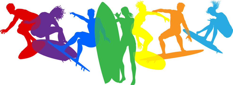 Surfer surfboard boarding male and female surfers surfing colorful silhouette outlines. Men and women surf group design concept.