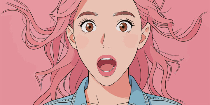 Young woman with pink hair expresses surprise in front of a plain pink background during daytime in a casual outfit
