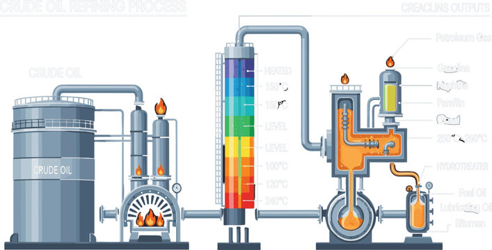Crude Oil Refining Process Diagram with Fractional Distillation Column and Petroleum Product Outputs Illustration for Industrial Chemistry and Energy Education