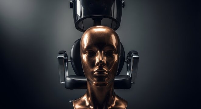 A lustrous copper mannequin head sits beneath a professional hair dryer, serving as a powerful metaphor for the industrialization of beauty and the pursuit of synthetic perfection