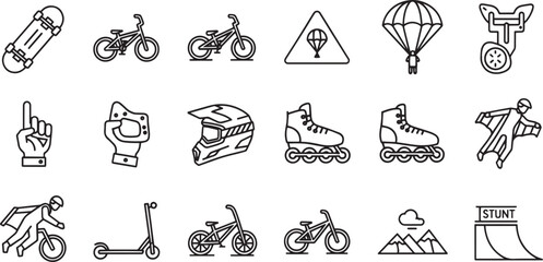 Naklejka premium Extreme Sports and Stunt Icon Set with Skateboard, BMX Bike, Parachute and Wingsuit Flying Symbols