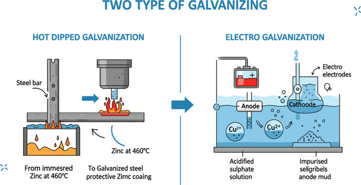 Two Types of Galvanizing Process Diagram Showing Hot Dipped Galvanization and Electro Galvanization Methods with Zinc Coating Protection Illustration