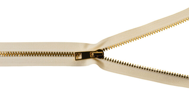 Isolated unzipping zipper with beige fabric tape and golden metal teeth opening, separated detail