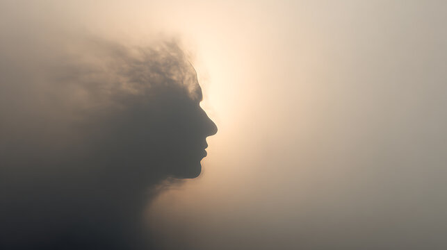 Mental health concept with human face dissolving into soft light and dust, symbolizing emotional fading, stress, anxiety, inner struggle, and gradual recovery, awareness and transformation.