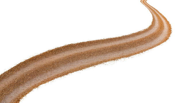 Isolated winding dirt road with car tire tracks made of gravel and sand pathway