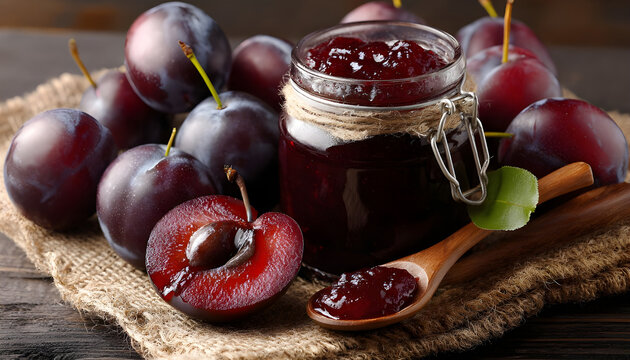 Ripe plums with jam on the kitchen table.