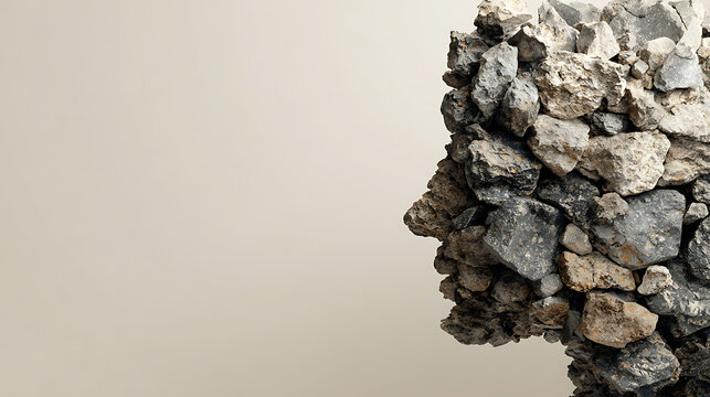 Human profile formed from rough stones, symbolizing strength, resilience, and mental rigidity. Concept of endurance, stability, and inner structure in a minimalist, conceptual composition