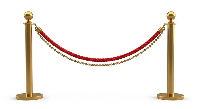 A pair of golden stanchions with a red velvet rope and gold chain isolated on a white background.