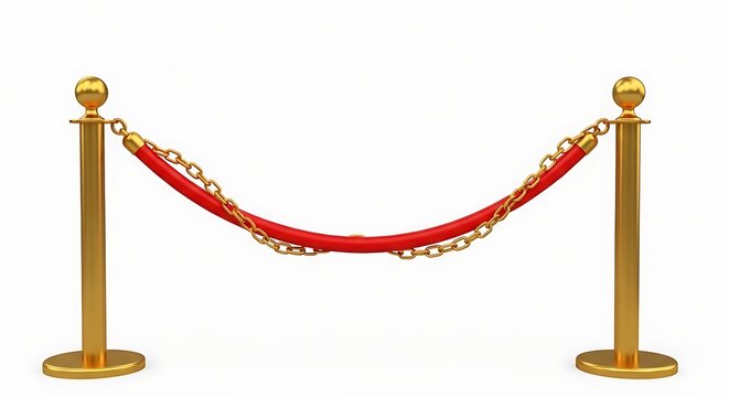 A pair of golden stanchions with a red velvet rope and gold chain isolated on a white background.