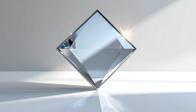 A luminous, clear, multifaceted crystalline structure, angled on a reflective surface, and illuminated by a bright, golden light