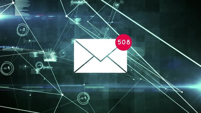 Animation of mail over connections on black background