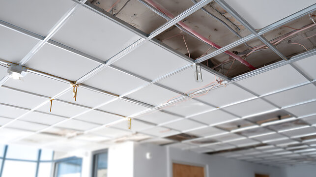 Acoustic tile drop ceiling under construction with exposed wires and missing panels, illustrating building renovation or repair work in progress