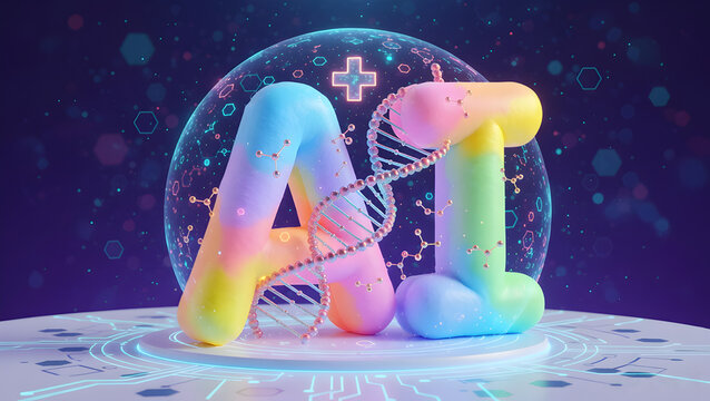 Colorful AI Letters with DNA Helix and Futuristic Healthcare Concept, Generative AI