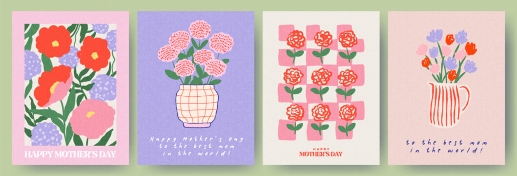 Spring set of cute cards or posters for spring and summer holidays with poppies, pink peonies and hydrangeas, roses and tulips in a vase. Hand drawn Floral art templates for Mothers Day, birthday.
