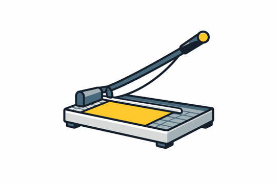 A paper cutter with a yellow sheet of paper on a grid cutting mat, ready for precise cutting in an office or workspace setting.