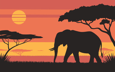 Fototapeta premium African Safari Elephant Silhouette Landscape Coloring Page For Kids An