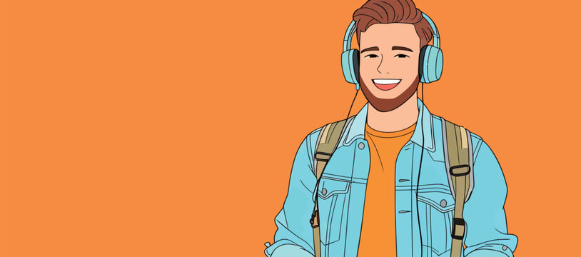 Young man wearing headphones stands against an orange background while smiling and holding a video game controller