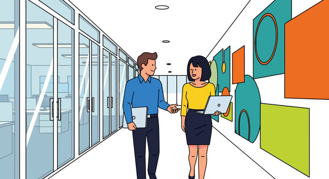 Business Professionals Conversing in Minimalist Workspace