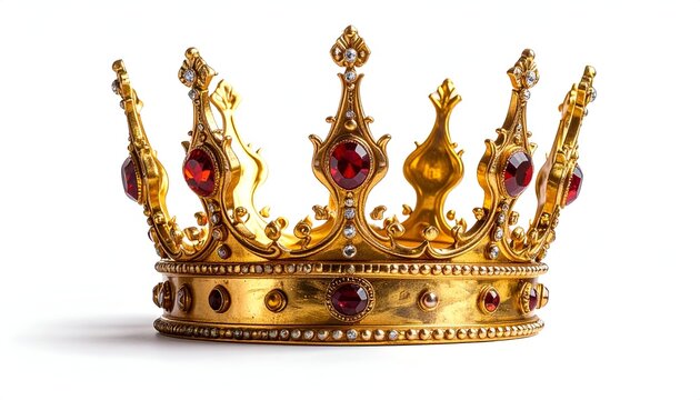 A close-up view of a detailed golden crown with red jewels, resting on a white background, suggesting regality
