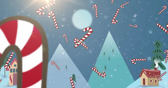 Multiple candy cane icons falling against christmas text and processing on branch