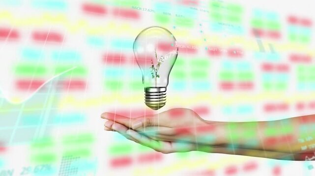 Animation of financial data processing over hands holding light bulb