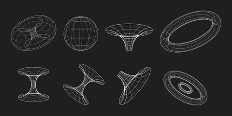 wireframe set, geometric shapes, 3d grid mesh, futuristic flow elements, white line art, abstract digital forms, mathematical design, Y2K design elements, cyberpunk © Noy