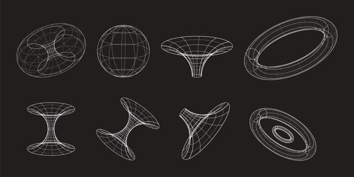 wireframe set, geometric shapes, 3d grid mesh, futuristic flow elements, white line art, abstract digital forms, mathematical design, Y2K design elements, cyberpunk